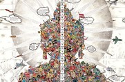 Dissected Buddha, Gonkar Gyatso (born Lhasa 1961), Collage, stickers, pencil and colored pencil and acrylic on paper, Tibet